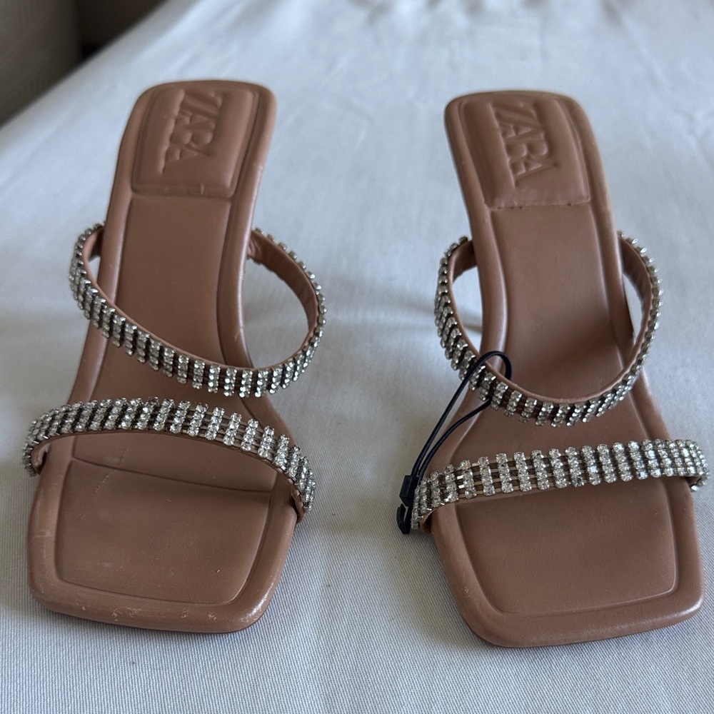 Zara Tan Rhinestone Embellished Heels